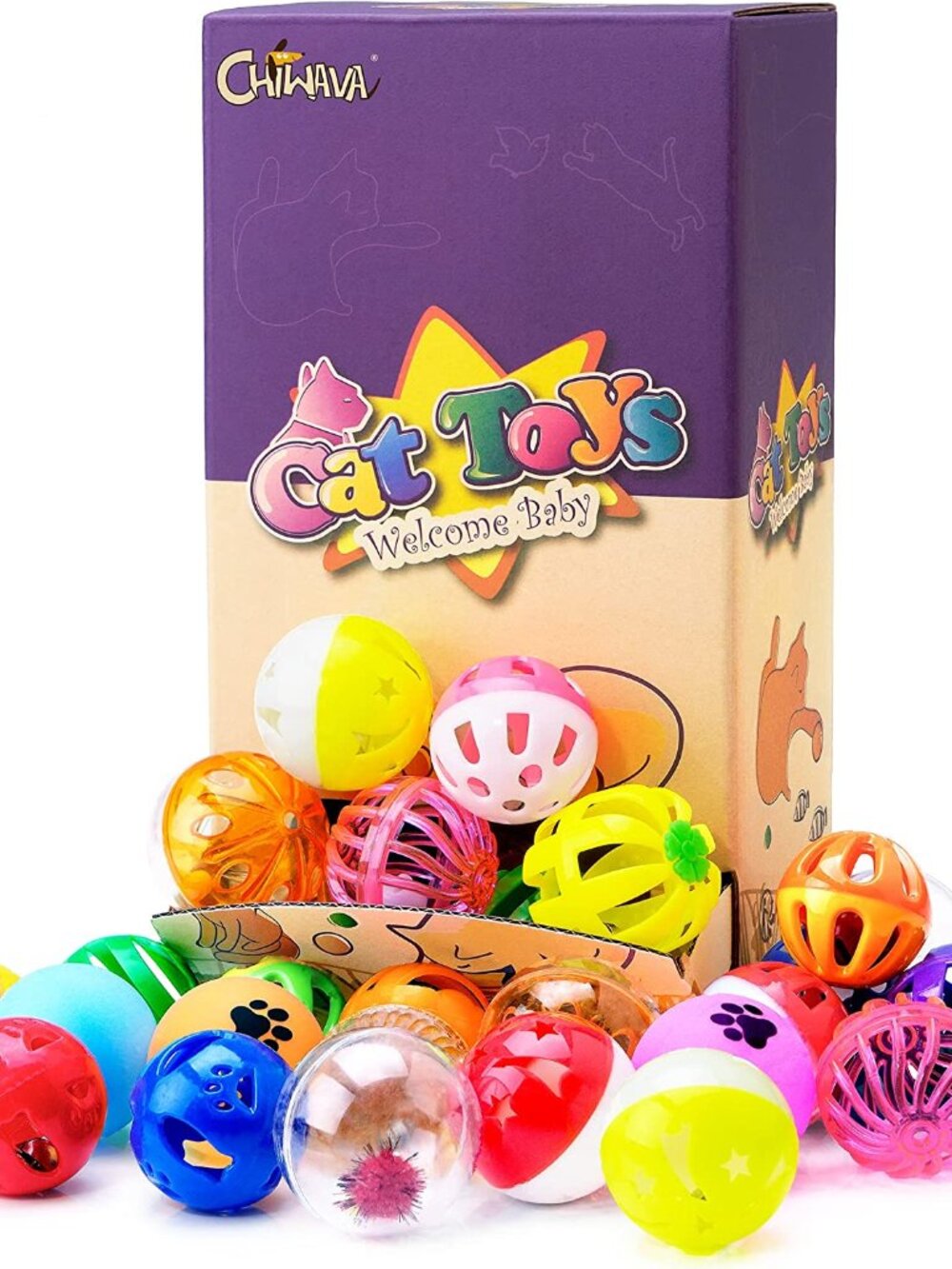 NWB 36 PACK PLASTIC NOISY CAT TOY BALLS, 8 DIFFERENT DESIGNS